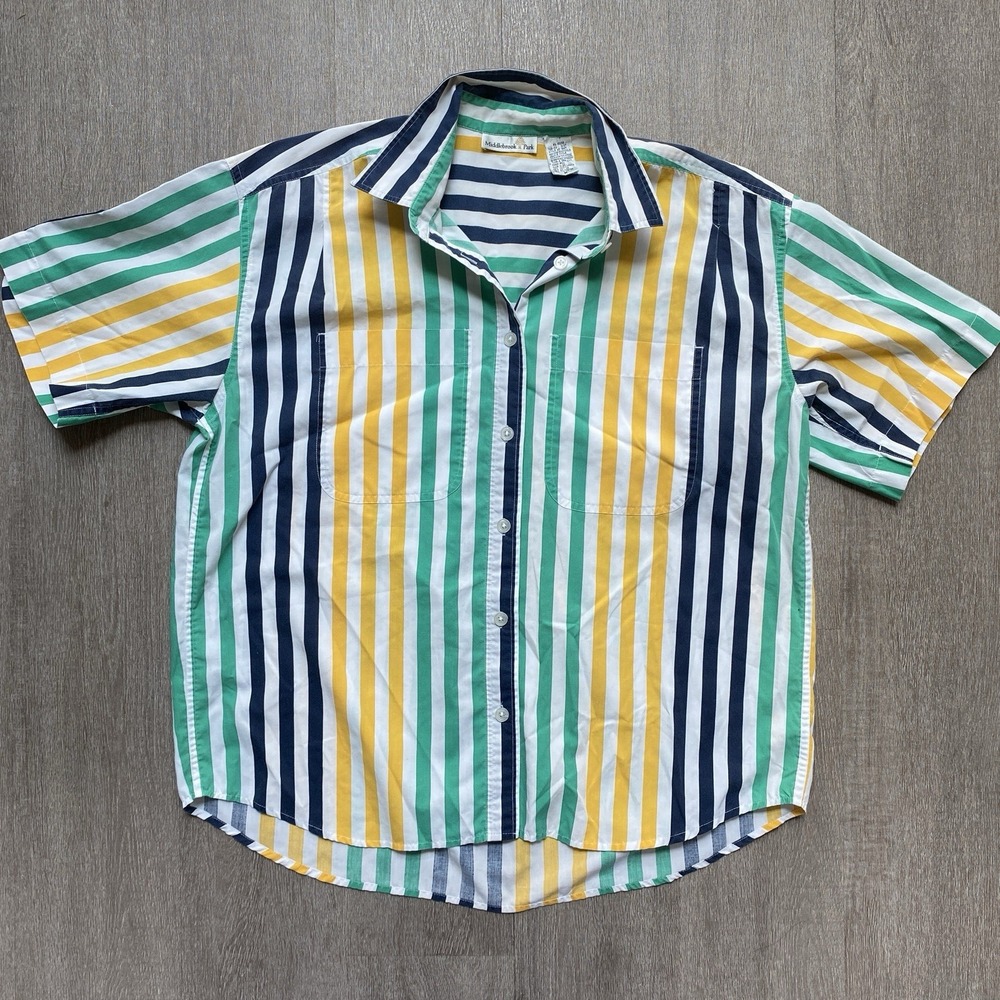 Middlebrook Park Yellow Blue Green Striped Collared Short Sleeve Women's Medium